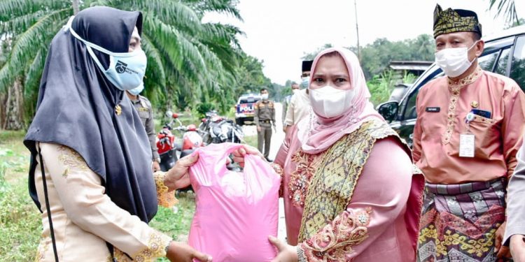 Bupati Kasmarni Serahkan Bantuan Bagi Masyarakat Terkonfirmasi Covid di Bantan Timur