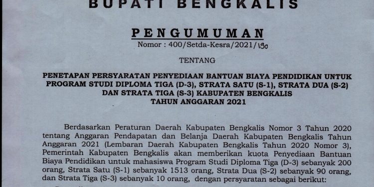 Beasiswa Bengkalis 2021 Kembali Dibuka, Ini Persyaratannya