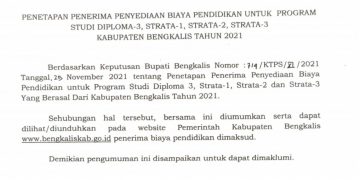Pengumuman Penerima Beasiswa Kabupaten Bengkalis Tahun 2021, Program DIII, S1 dan S2 dan S3 berikut daftar Namanya