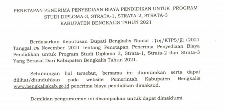 Pengumuman Penerima Beasiswa Kabupaten Bengkalis Tahun 2021, Program DIII, S1 dan S2 dan S3 berikut daftar Namanya