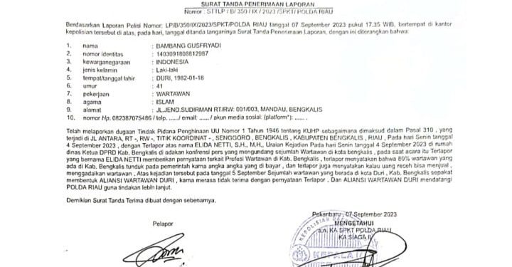 Hina Profesi Wartawan, Kuasa Hukum Khairul Umam, Elidanetti dilaporkan ke Polda Riau