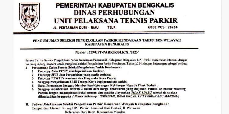 Dishub Bengkalis Umumkan Seleksi Pengelolaan Parkir 2024