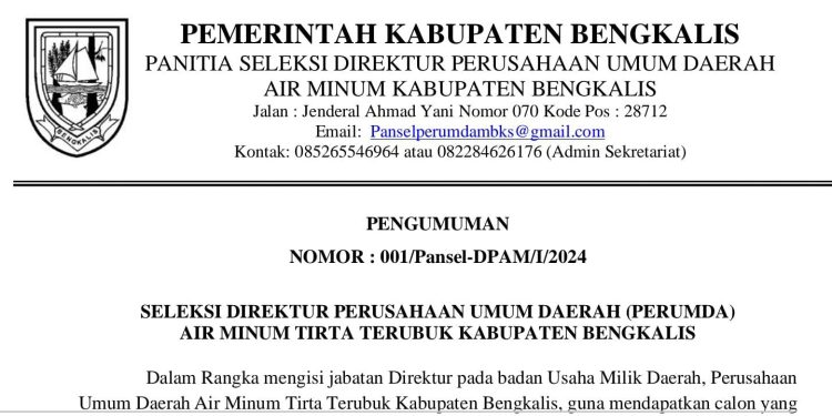 Rekrutmen Direktur PDAM Bengkalis Dibuka, Unduh Syaratnya Disini